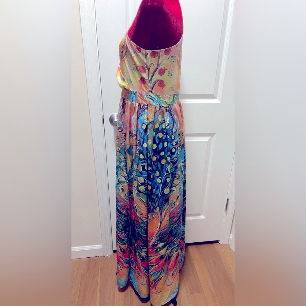 Vibrant Peacock Sleeveless One Shoulder Maxi Dress. Size Large - Picture 4 of 11